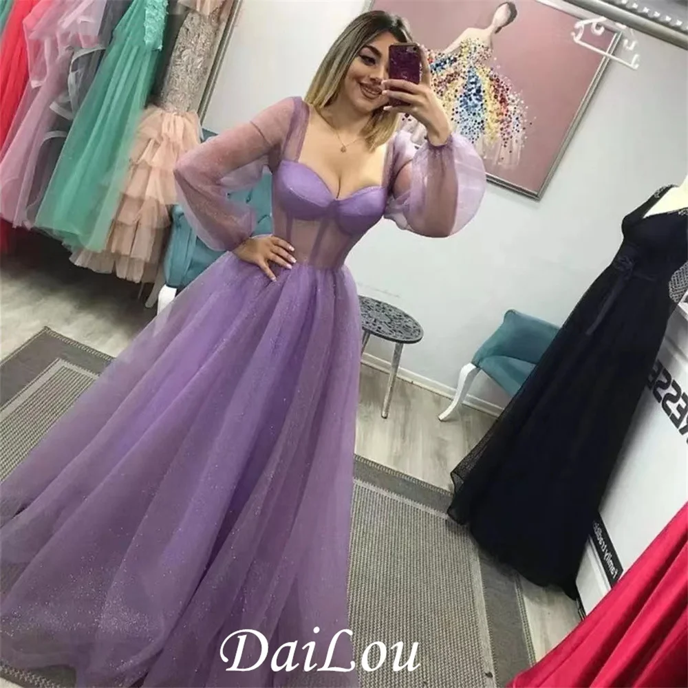 

Lavender Tulle Prom Dresses Puff Shimmer Long Sleeves Sweetheart Bones Floor Length Evening Gowns Women Formal Dress