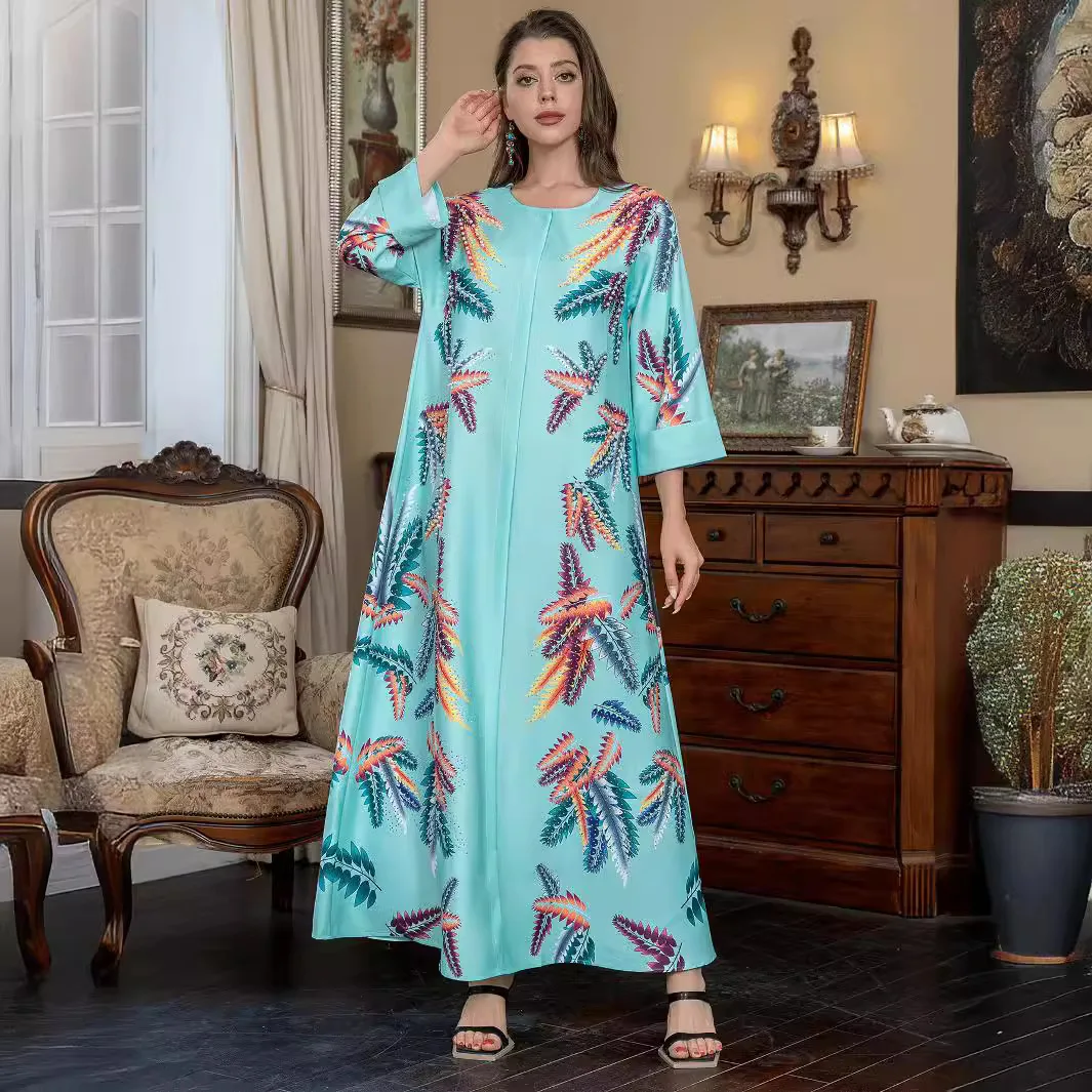 Women's 2024 New Summer Style Arabian Dubai Blue Fashion Printed Hot Diamond Beads Muslim Ramadhan Ethnic Style Elegant Robe