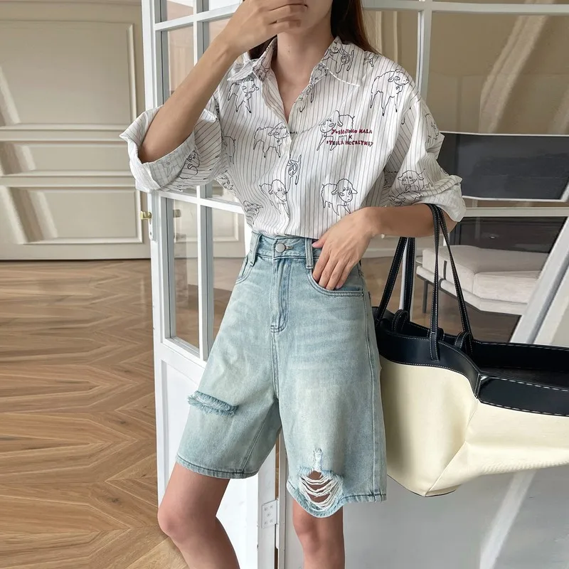 

ZHISILAO High Waist Straight Ripped Denim Shorts Women Casual Vintage Hole Knee Length Jeans Shorts Summer 2024