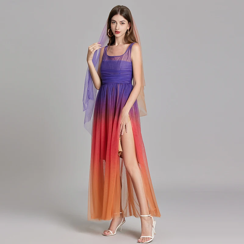 

Double Layer Ruched Mesh Pleated Purple Gradient Tank Party Dresses Women Sleeveless Backless High Split Maxi Vestidos Scarf