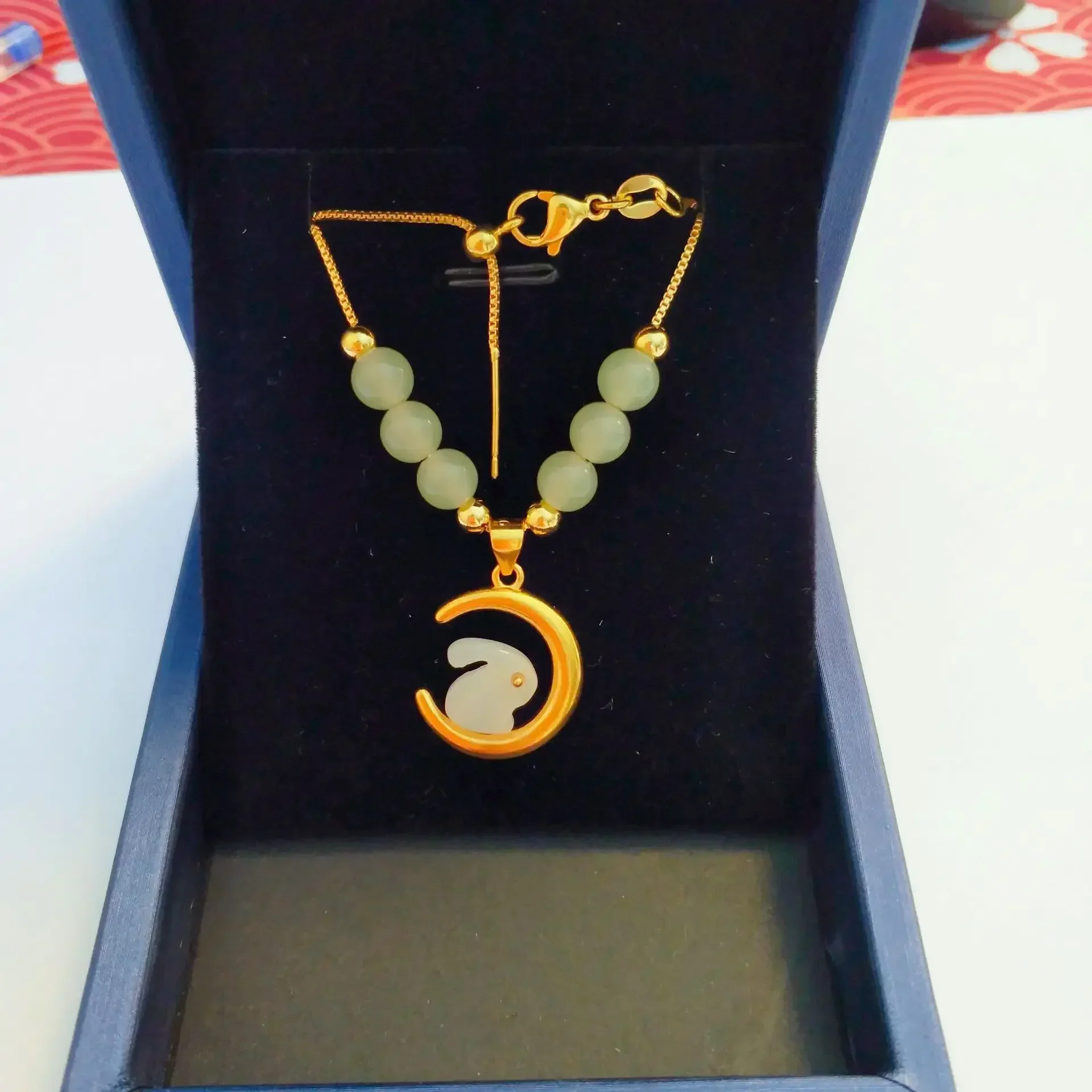 High Quality Neck Jewelry AU750 Gold 24K Jade Rabbit Watching the Moon Gold Beads NecklaceCute Style Clavicle Chain Joyria Women