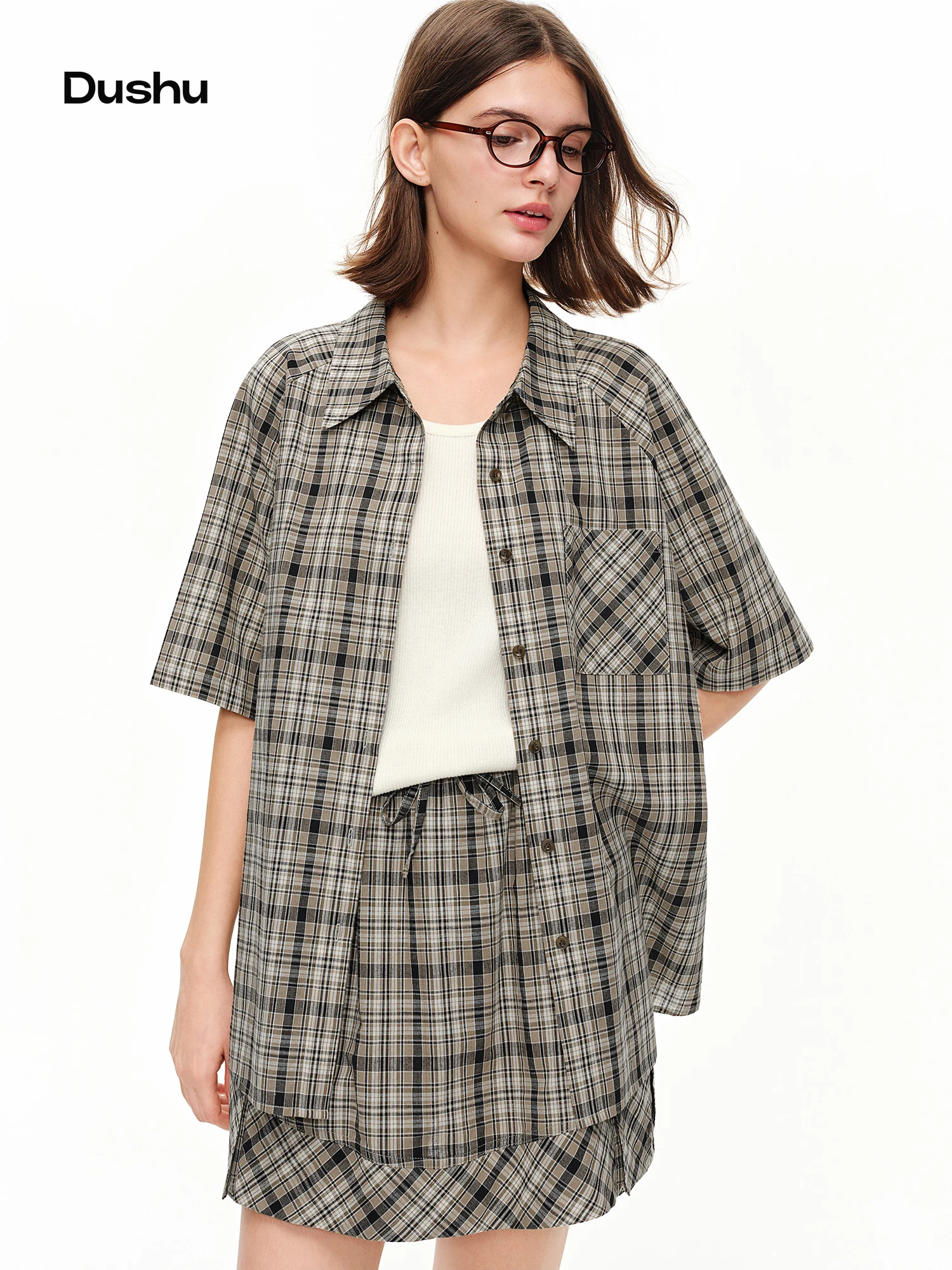 

DUSHU Retro Plaid Suit Women 2026 Summer Classic Unique Short Sleeve Shirt Mini Skirt Two-piece Set Leisure Daily Streetwear