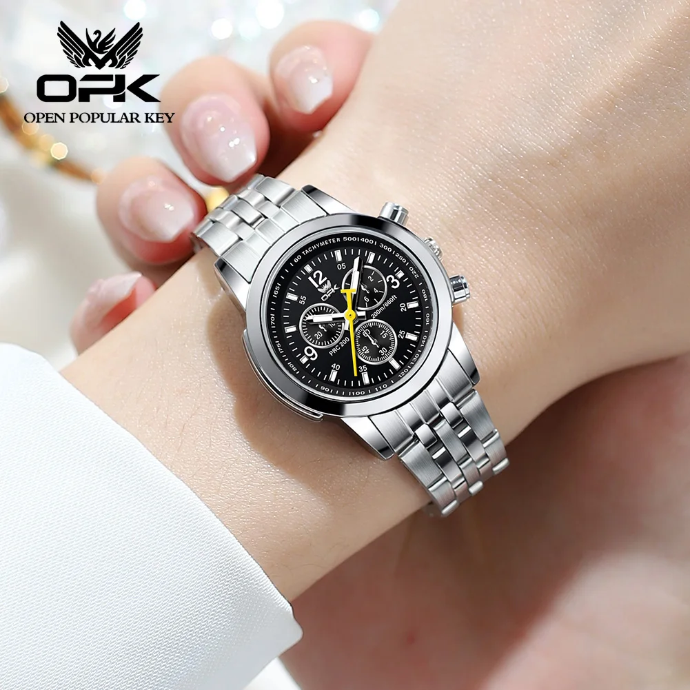 Opk-女性用多機能三眼クォーツ時計、防水発光ベルト、ファッションブランド、6015