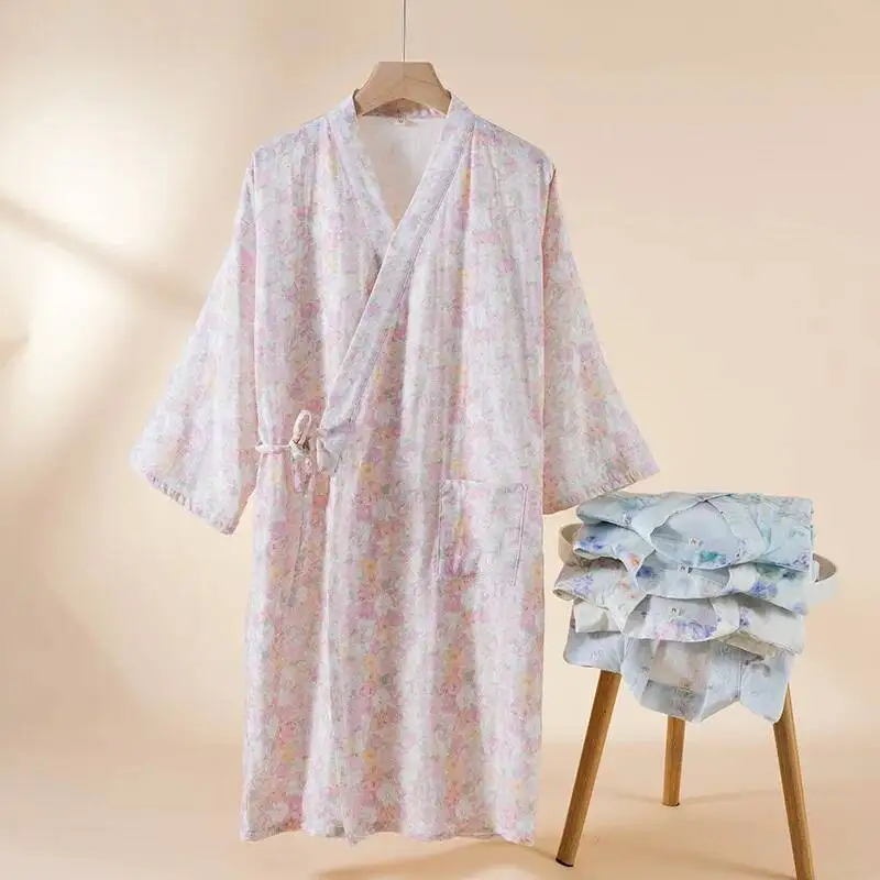 

Women's Cotton Slanted Placket Kimono Robes For Spring And Summer Thin Sleepwear Loose Lace Up Bathrobe Sweatshirt Clothes
