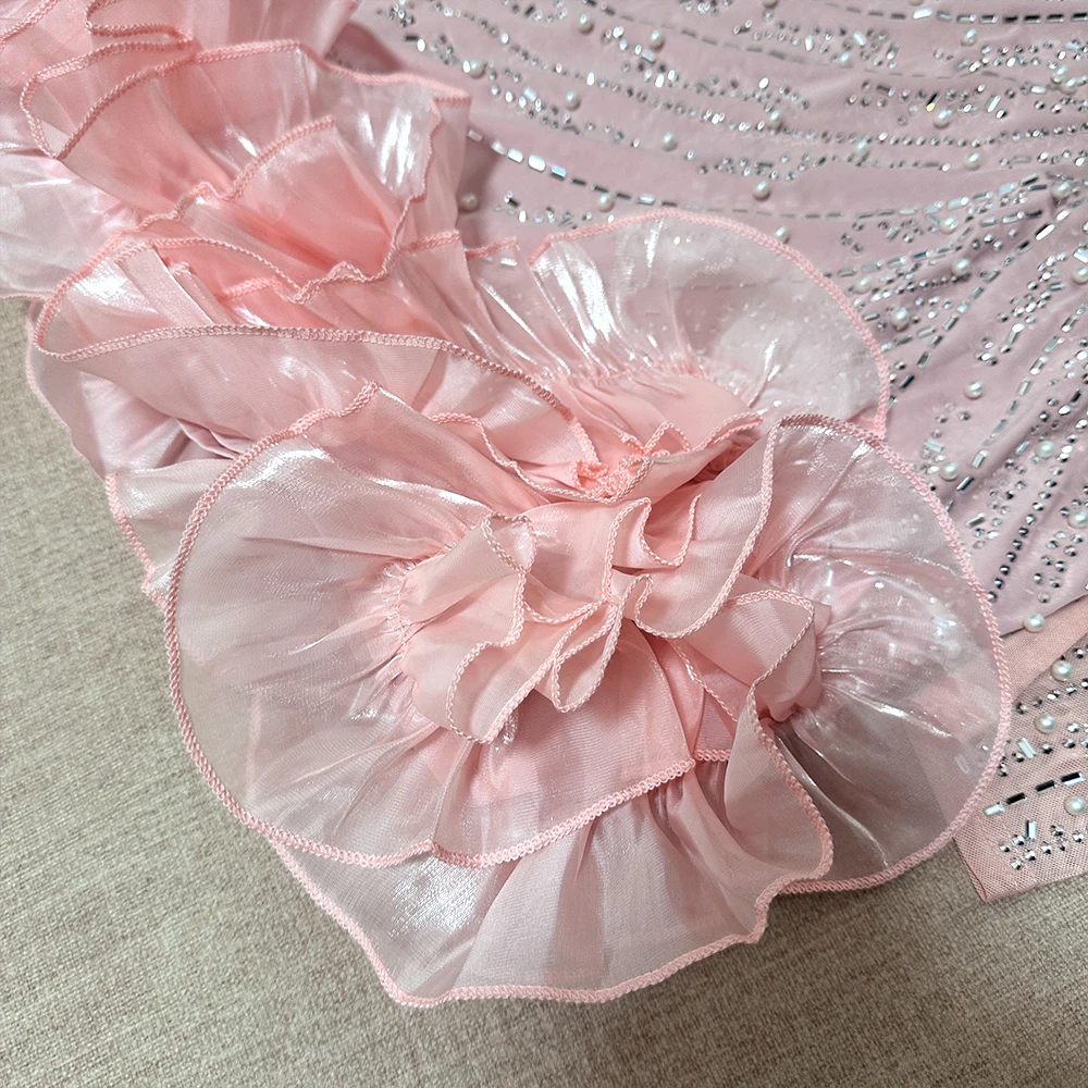 Robe de soirée d'anniversaire rose pour femmes, manches en maille, moulante, Sexy, diamants, volants à plusieurs niveaux, strass, perles, boîte de nuit, nouvelle collection 2025