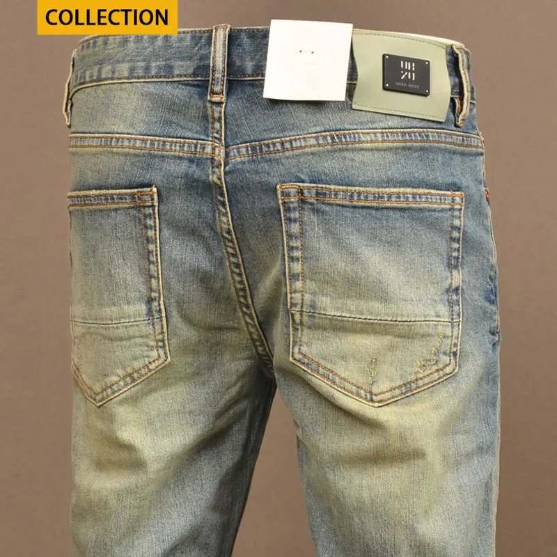 Fashion Streetwear Men Jeans Retro Washed Blue Elastic Stretch Slim Fit Ripped Jeans Men High Quality Vintage Denim Pants Hombre