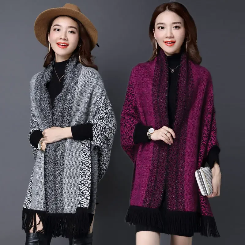 

2024 Women Autumn Winter Ponchos Faux Cashmere Streetwear Long Thick Poncho Shawl Female Big Pendulum Loose Cloak Coat Q362