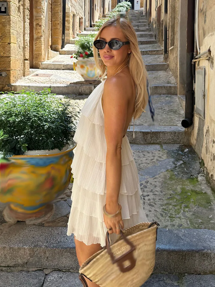 HH Estate delle Donne Nuovo Popolare Dolce Laminato Decorativo Halter Neck Abito Femminile di Classe Sexy Backless Mini Abito Senza Maniche