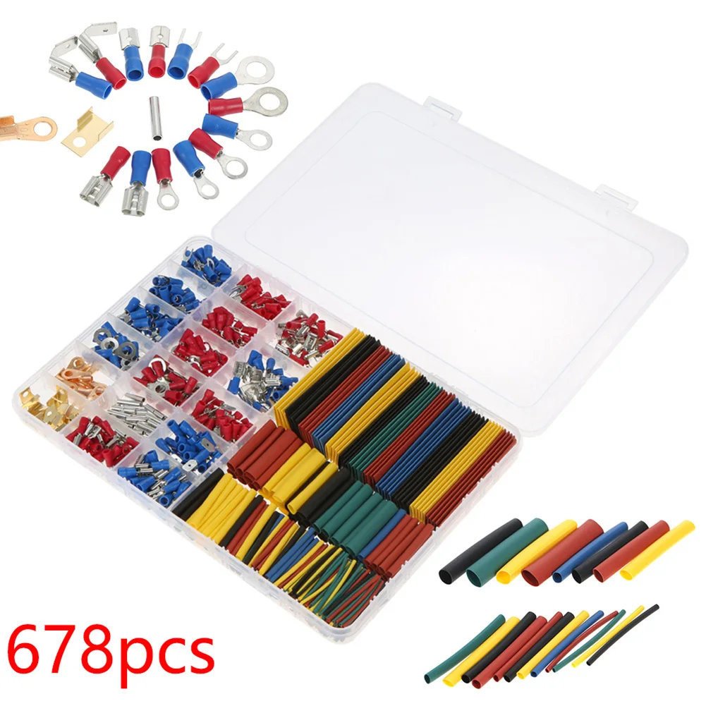 Car Wiring Connector Set 678PCS Featuring Crimp Terminals and Polyolefin Heat Shrink Tubing for Repair and Assembly Tasks