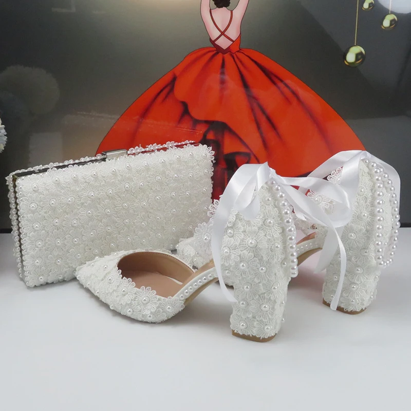 White Flower Bridals Party shoes and bag Set Thick Heel Pointed Toe Women Evening Party shoes Shallow Ankle Strap Shoe and Bag