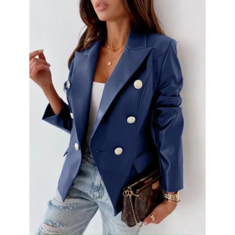 

Fashionable Long Sleeve Double Breasted PU Leather Jacket Small Outerwear Autumn Winter New Style Women's Princess Sleeve Coat