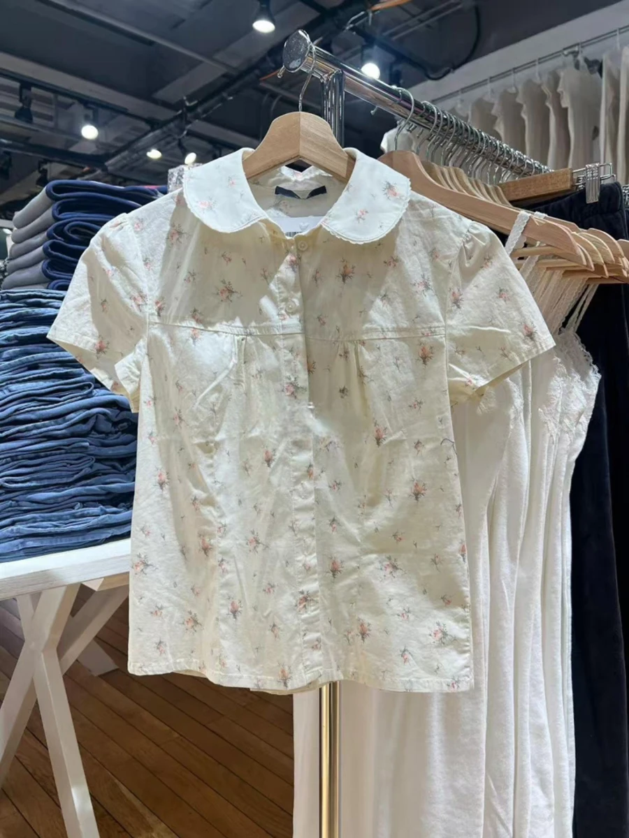 Nova blusa de manga curta com estampa floral feminina verão peter pan colarinho único breasted blusas doce casual moda camisa topos