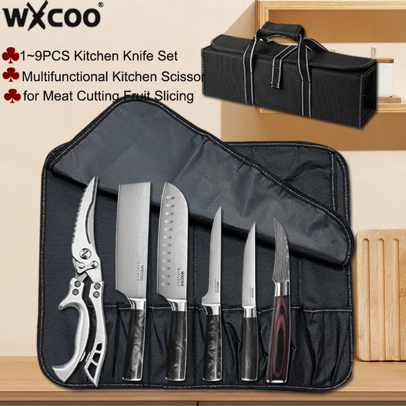 WXCOO 1~9-teiliges Küchenmesser-Set, Leistungsstarke Hühnerknochenschere, Professionelles Ausbeinmesser, Japanisches Fleischbeil, Santoku-Messer mit Box