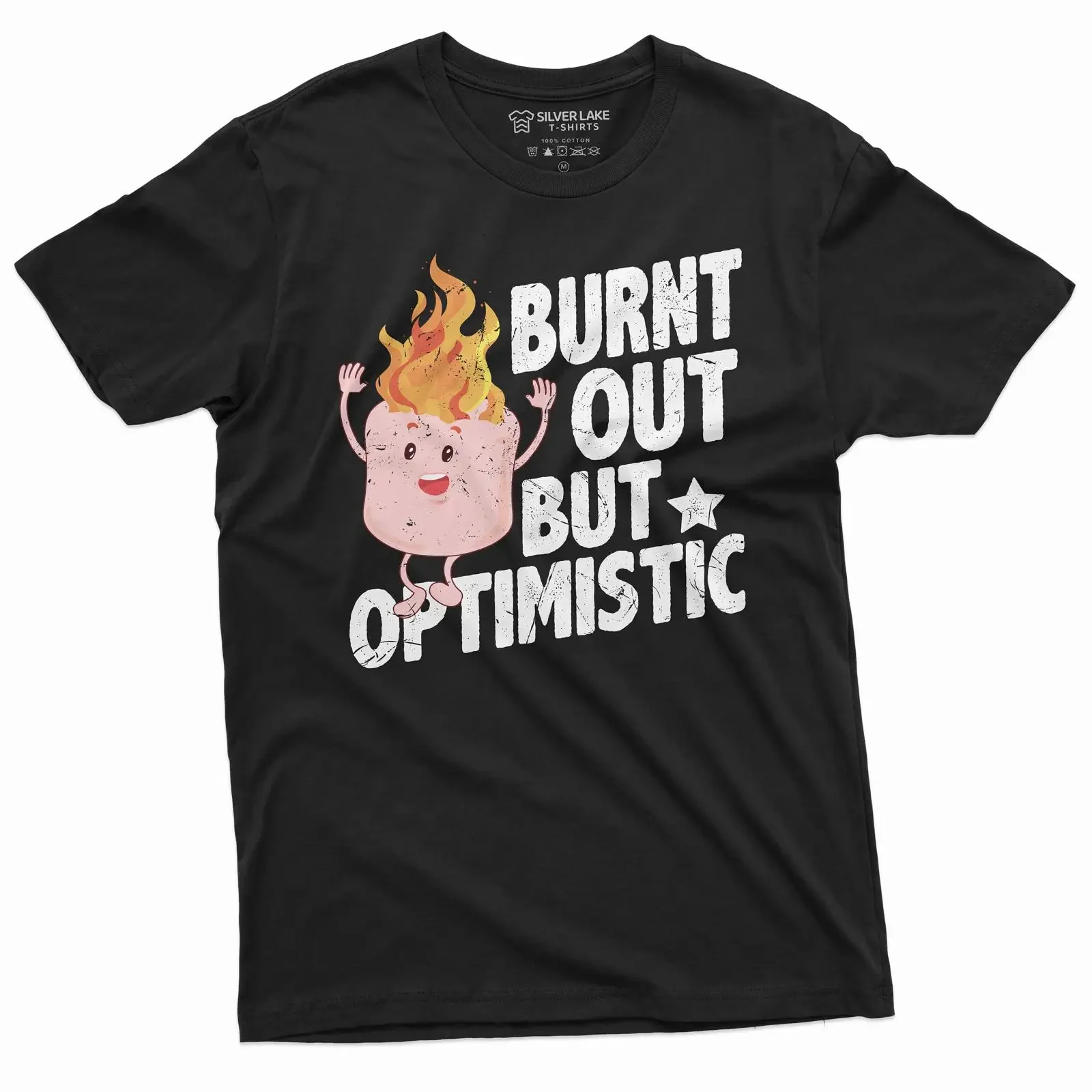T-shirt humoristique « Burnt Out But Optimistic » pour travailleurs dévoués, motif guimauve en flamme, style vintage, délavé, décontracté, élégant, extensible