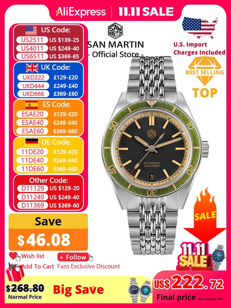 

San Martin 39.5mm Men Dive Watch Vintage Distressed Effect NH35 Automatic Mechanical Watch Waterproof 200m C3 Lume SN0116 Reloj