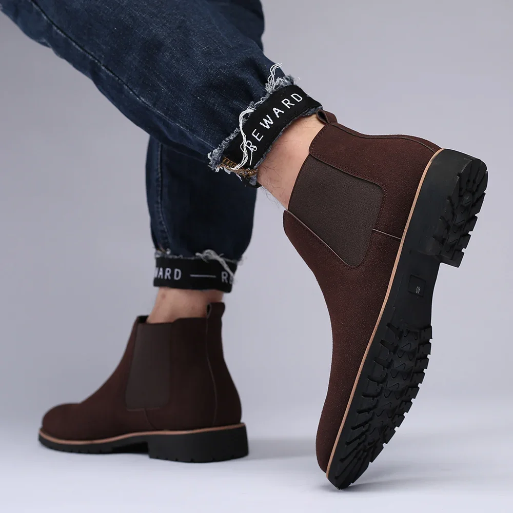 Fashion Men\'s Ankle Boot New Leather Men\'s Chelsea Boots Men Shoes Casual Black Sleeve Boots Outdoor High Top Wedding Shoes Male