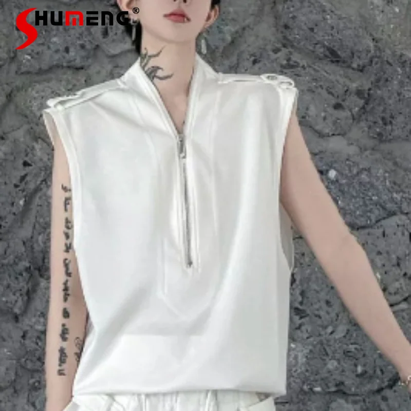 

2026 Men's Summer Solid Color Sleeveless Vests Zipper Decorative Comfort Tops Male Simple Trendy Chic Loose Breathable Tank Tops