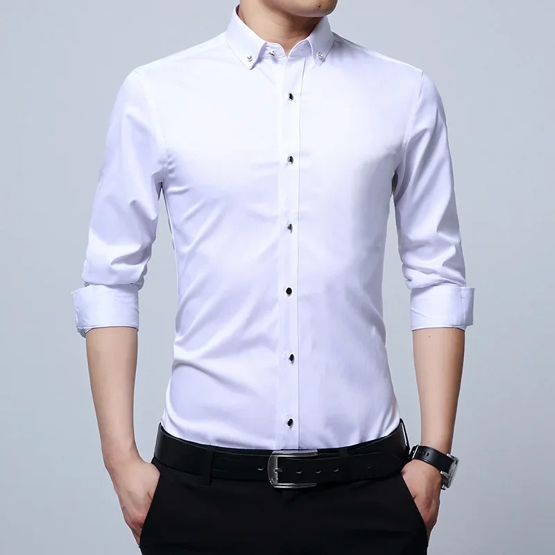 

New Men's Long-sleeved Diamond Button-neck Business Solid Color Korean Version Slim-fit Professional Casual Short-sleeved Shirts