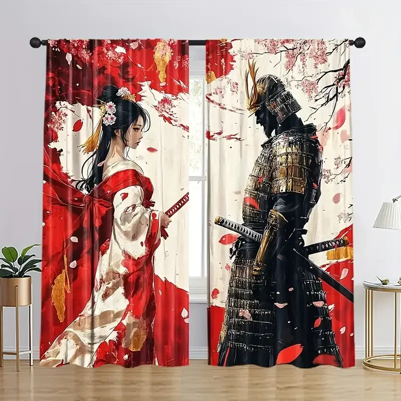 Anime Warrior Couple Red and Black Japanese Style Curtain for Living Room Bedroom Home Decor