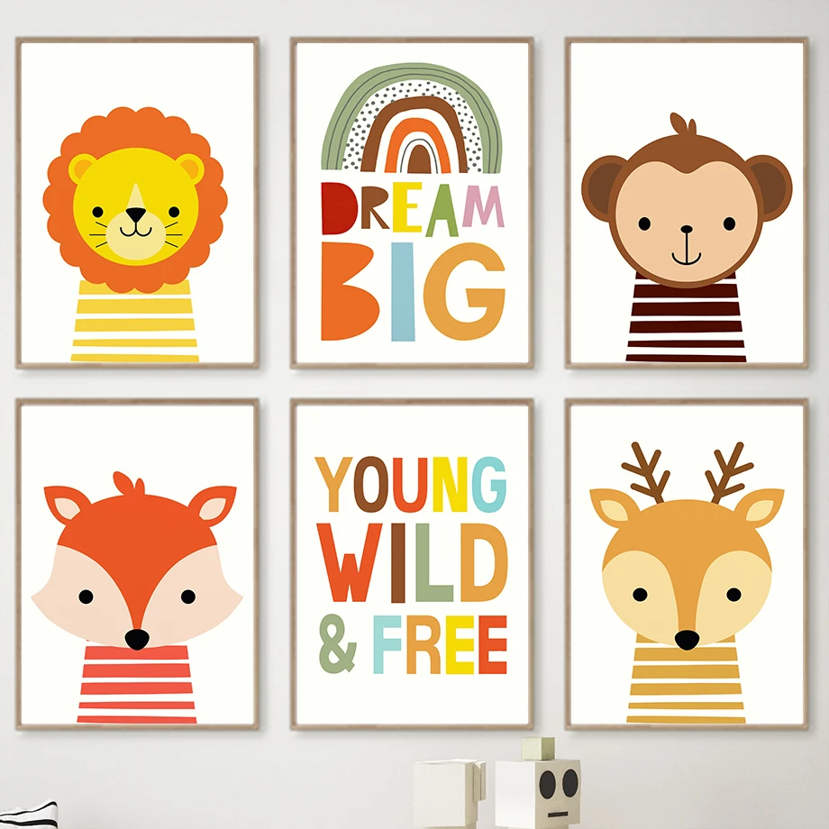 Cartoon Lion Fox Zebra Bear Owl Dream Quotes Wall Art Posters Prints Nordic Canvas Painting Animals Pictures For Kids Room Decor