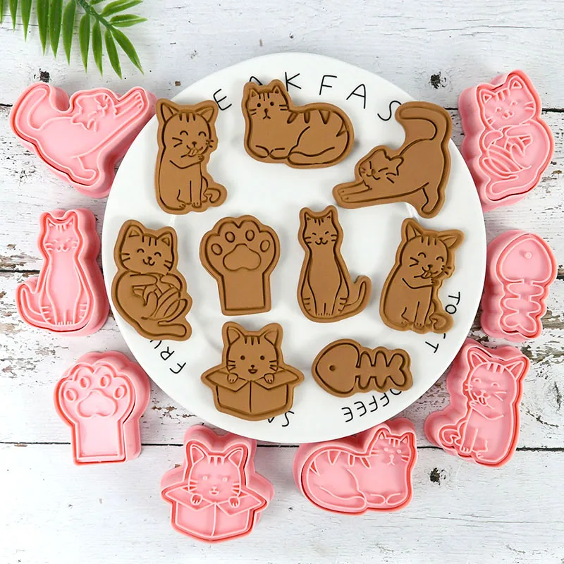 

8pcs Cat Cookie Cutter Plastic 3D Cartoon Animal Pressable Biscuit Mold Stamp Birthday Party Kitchen Baking Pastry Bakeware Tool