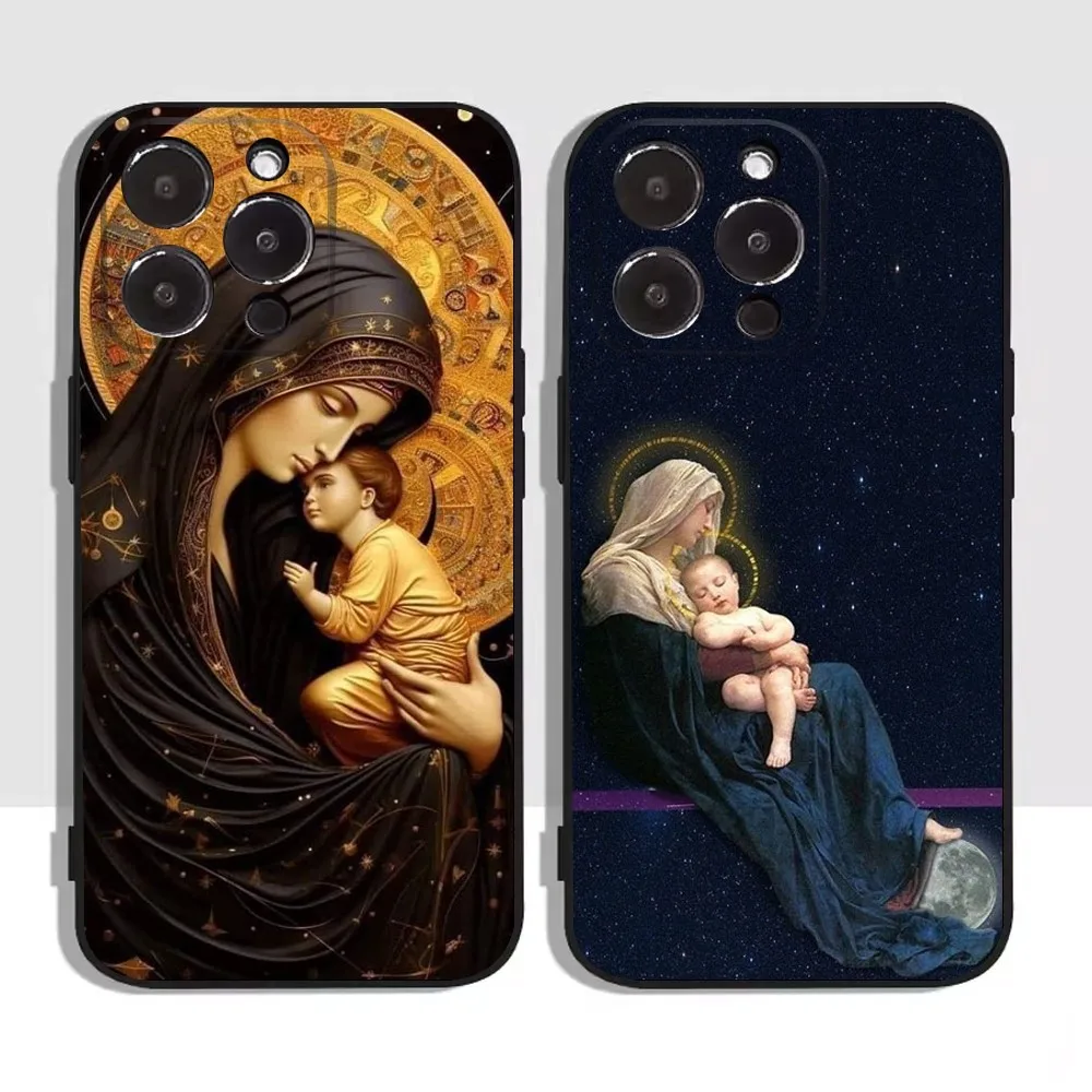 Virgen StMary Celestial Mother Phone Case For Apple iPhone 15,14,13,12,11,XS,XR,X,8,7,Pro,Max,Plus,mini Silicone Black Cover