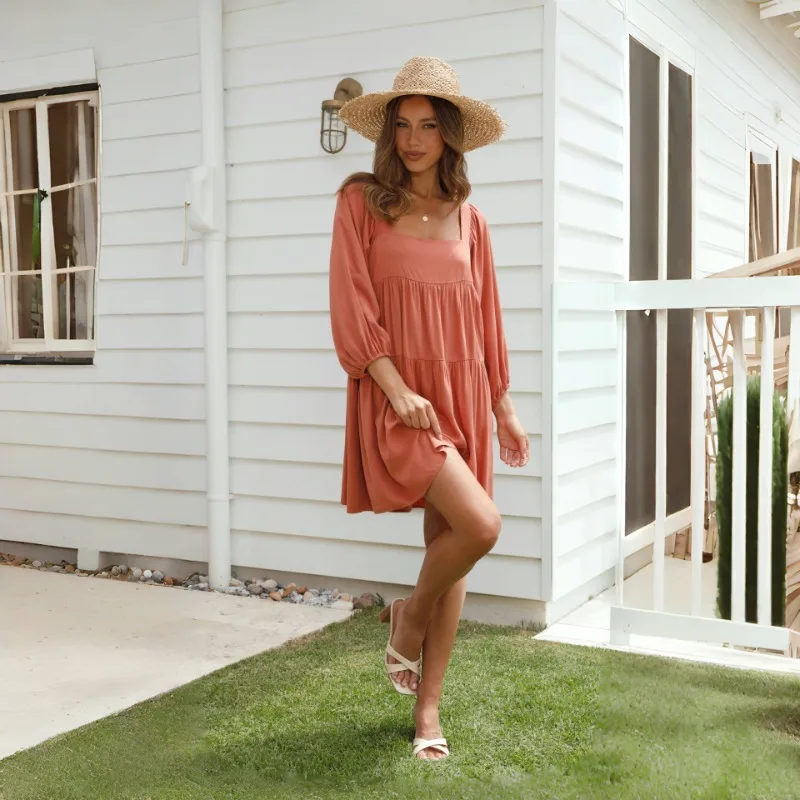 Women's 2025 Spring Summer Dress - Square Neck Ruffled Sleeveless Backless Solid Color Boho Maxi Dress