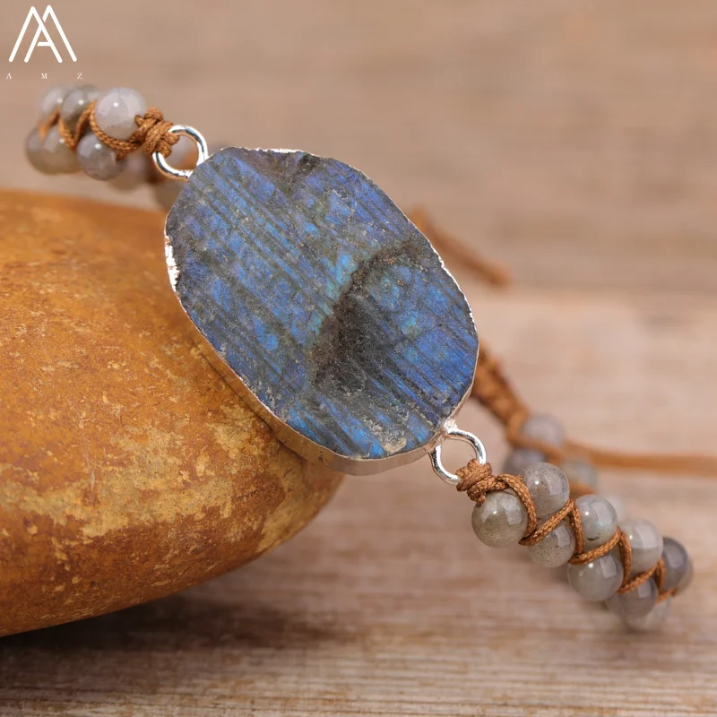 Luxury Women Labradorite Stone Braided Bracelet Natural Aquamrtine Crystals Handmade Bracelet Boho Teengirl Jewelry Gift Bijoux