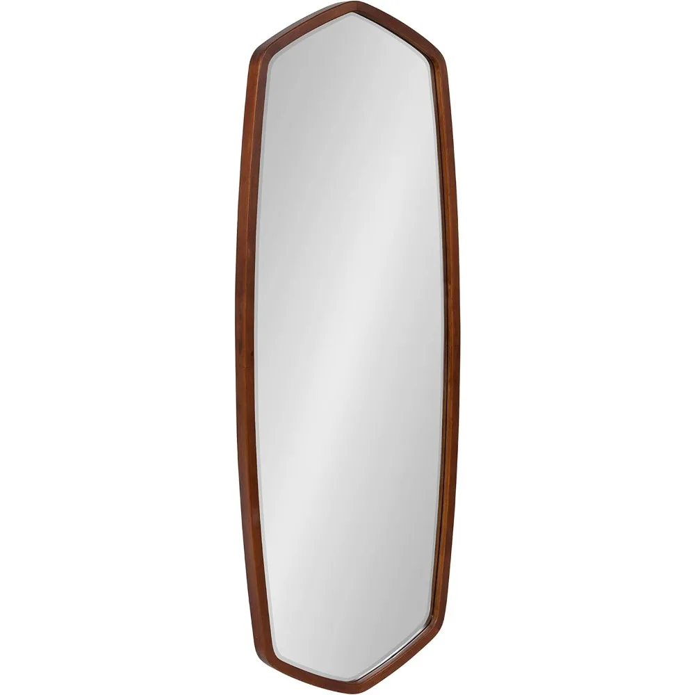 Modern Wood Full-Length Oblong Hexagon Wall Mirror, 18 x 48, Walnut Brown, Decorative and Vibrant Geometric Mirror