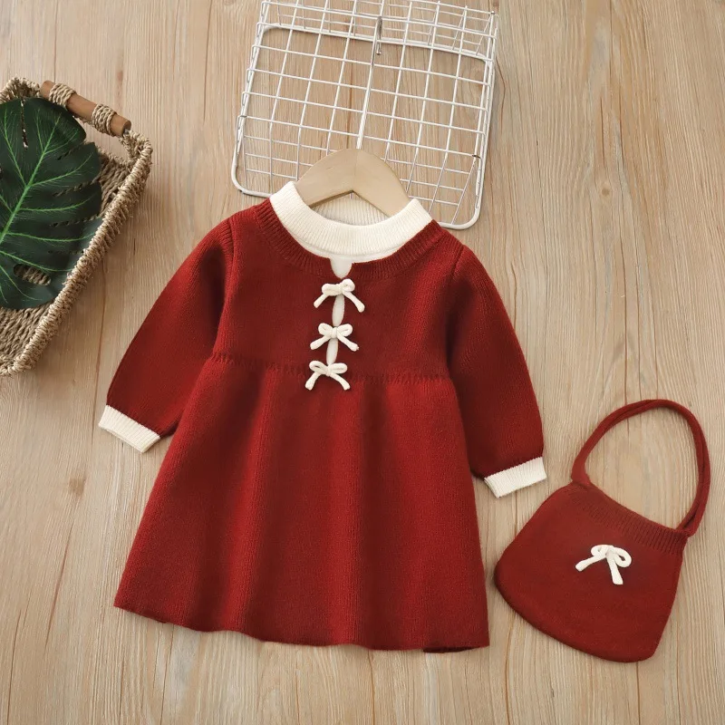 

1-6Y Kids Girl Clothes Loose Knitting Dress Fake Two piece Sweater Dress Daily Pullover Knitwear New Year Party Princess Vestido