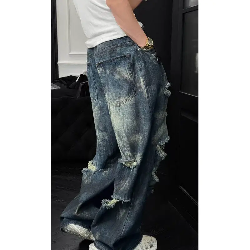 

Mens Loose Fit Straight Leg Jeans Dark Blue Ripped Distressed Trendy Streetwear Fashion Casual Urban Denim Pants Hip Hop Style