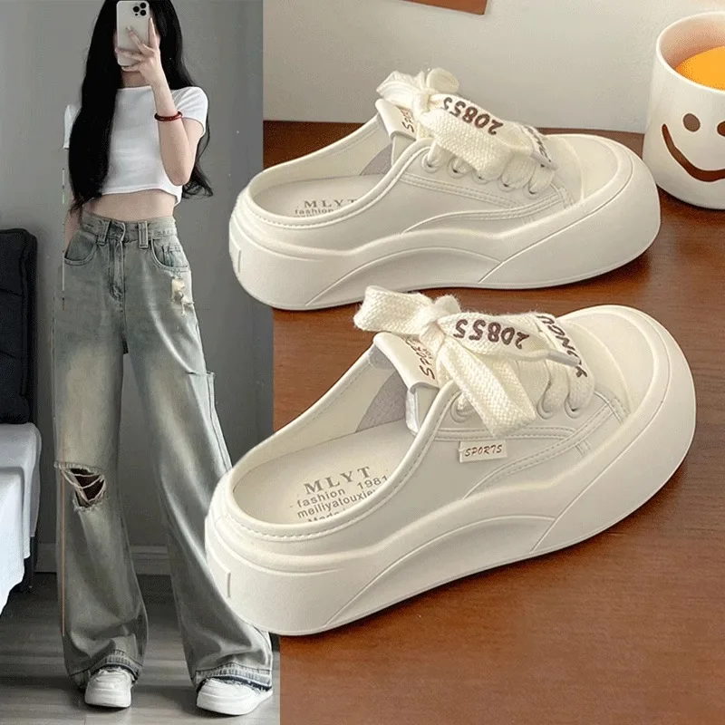 

2025 New Summer Canvas Thick Bottom Baotou Little White Half Dragged Female One Foot Kick No Rear Heel Lazy Cold Slippers