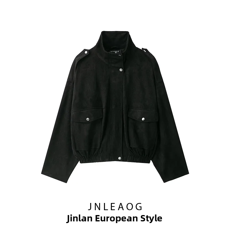 JNLEAOG Autumn New Style Women's Fashion Pure Color Suede Pilot Jacket Standard Fit Short Outerwear Polyester Fiber