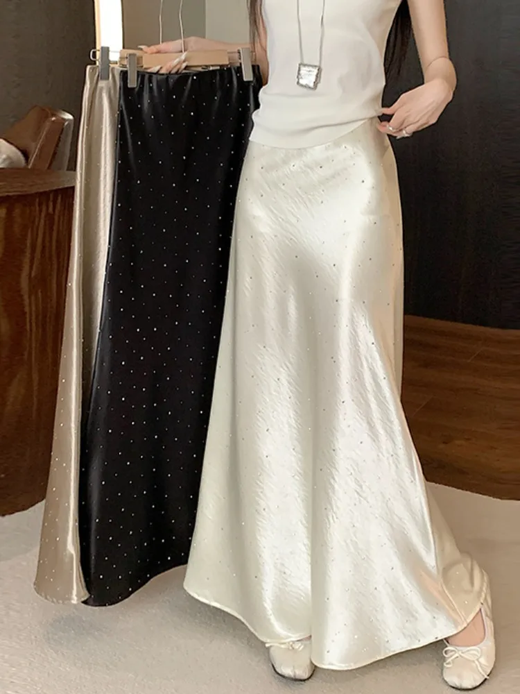 

Новая женская атласная юбка-миди с пайетками и эффектом «рыбий хвост», весна-лето, с завышенной талией, облегающая, А-силуэт, для офиса и повседневной носки