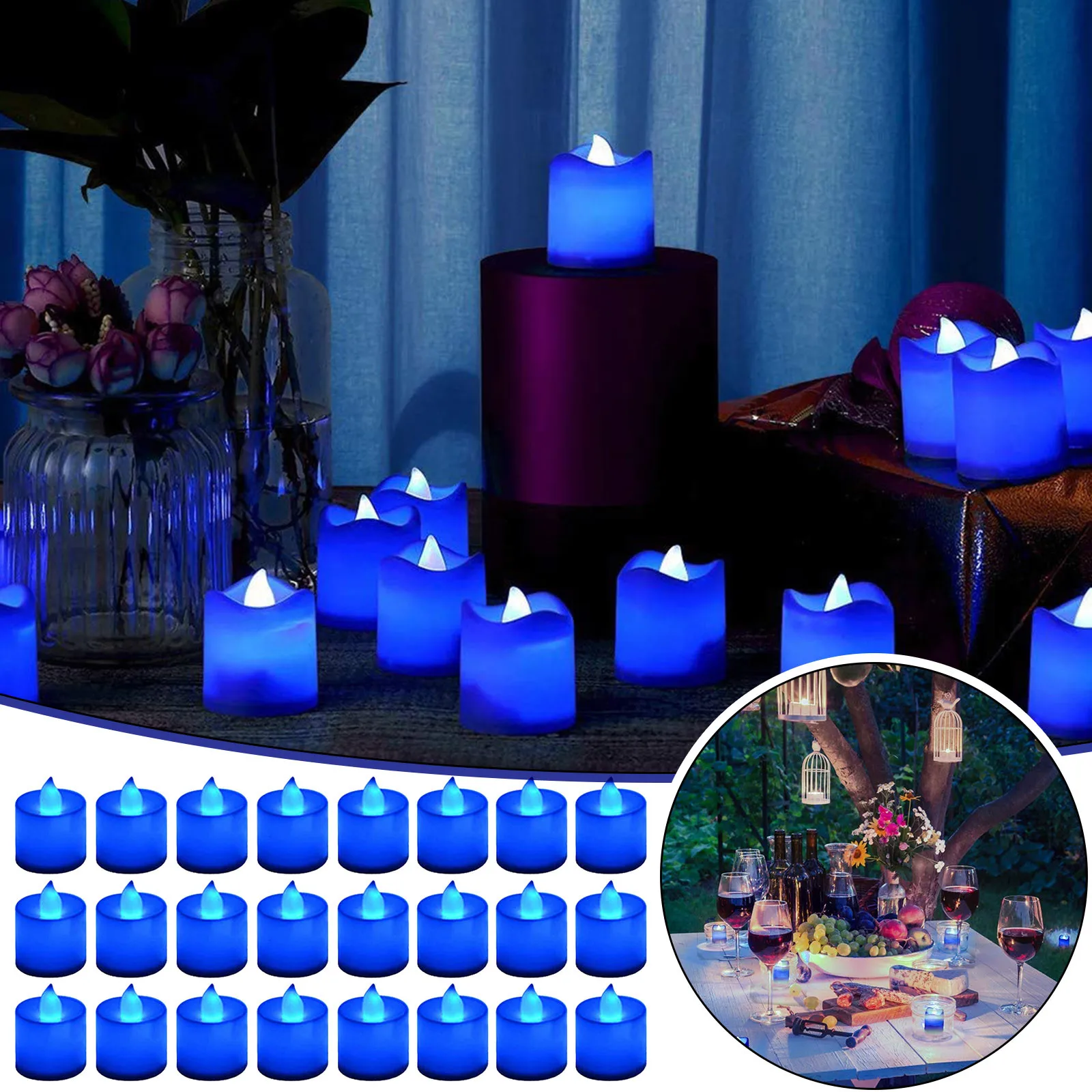 24pcs Blue Light Candles Flameless Blue Tea Lights Flickering Votive Candles For Votive Cups Glass