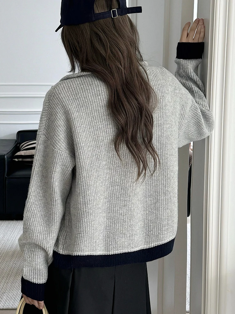 Autumn Winter Women 100% Merino Wool Cardigan Sweater Clashing Color Zipper Cashmere Knit Versatile Warm Long Sleeve Jackets