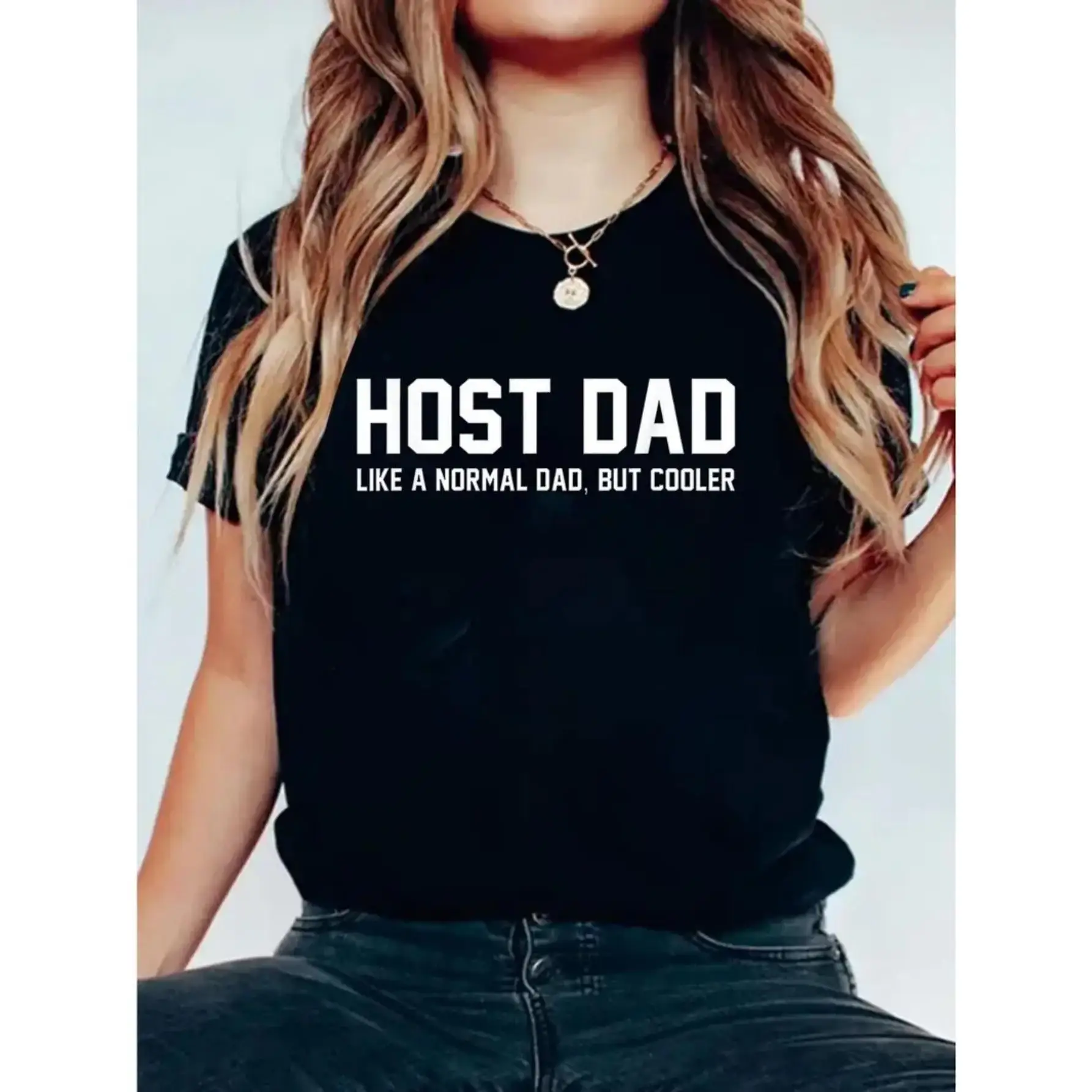 

Women's Casual "HOST DAD" Graphic T-Shirt - Short Sleeve Crew Neck Black Top with "Like a Normal Dad But Cooler" Slogan, Machine