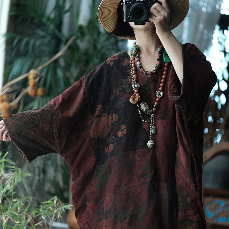 Abito caldo spesso da donna oversize Nuovo arrivo 2025 Autunno stile vintage stampa floreale abiti lunghi casual femminili allentati M2025