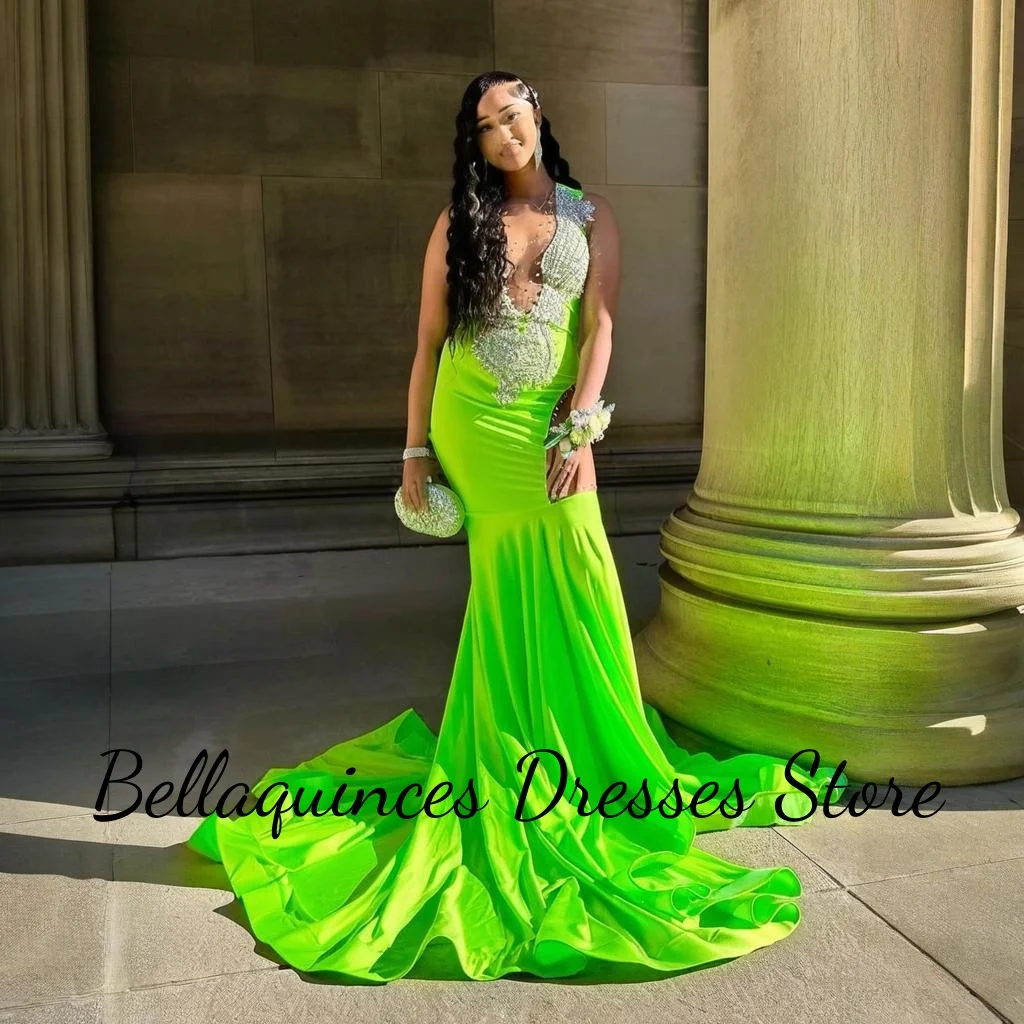 Mermaid Green Satin Prom Dresses Women Luxury 2025 Glitter Rhinestone Beaded Party Dress Black Girl Customized Vestido De Festa