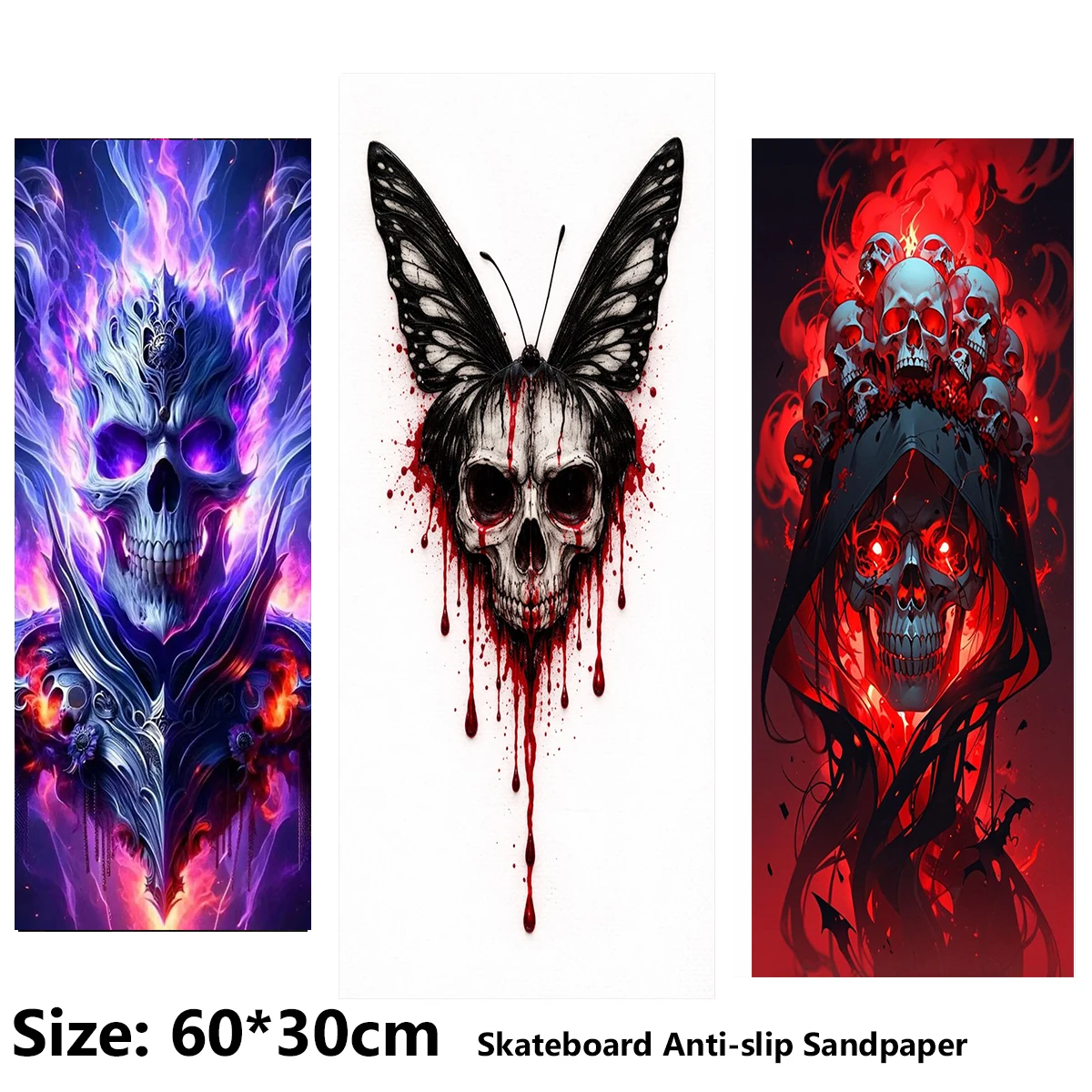 電動スクーター滑り止めステッカー-サンドペーパー-スケートボード-グリップテープ-シート-60-30cm-蝶-炎-スカル柄