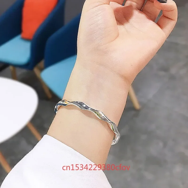 Fashion New 999silvering Personality Wave Glossy Bracelet Jewelry High Profile Personalized Simple Lucky Gift for Girl