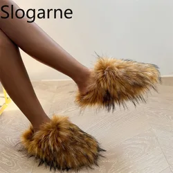 2026 Women Winter Raccoon Fur Slippers Warm Plush Slides Girls Luxury Furry Faux Fur Slippers Home Cotton Shoes Indoor Fur Slide