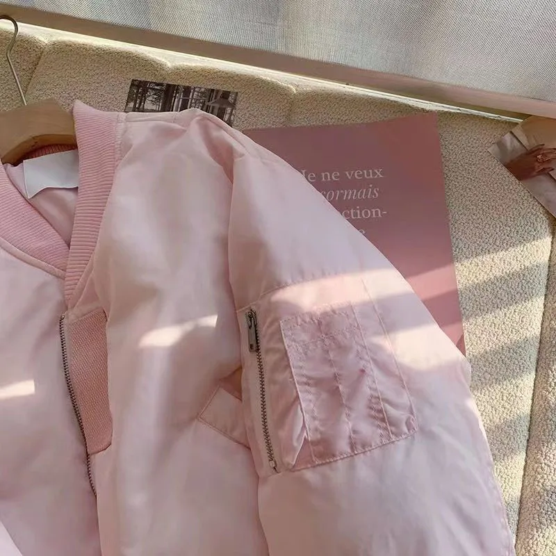 Vrouwen Herfst Winter Losse Katoenen Gewatteerde Bomberjas Koreaanse Zoete Korte Parka Uitloper Roze Dikker Warme Honkbal Uniform Jas