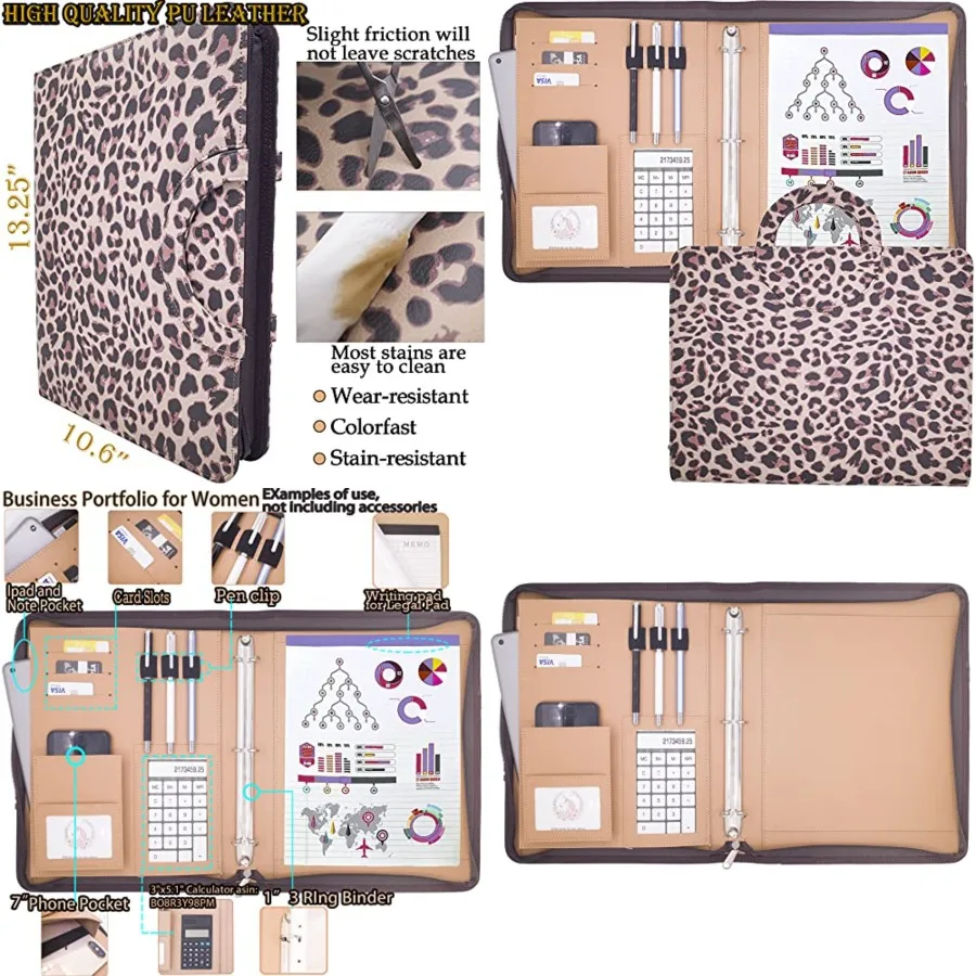 

Leather Portfolio Ring Binder - Three Ring Binder Organizer Zippered Padfolio Folder Portfolio Organizer with Hidden Handle Cut