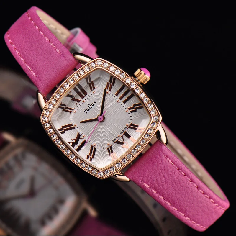 Square Julius Rhinestones Lady Women's Watch Fine Fashion Clock Hours Bracelet Stainless Steel Girl's Birthday Gift No Box