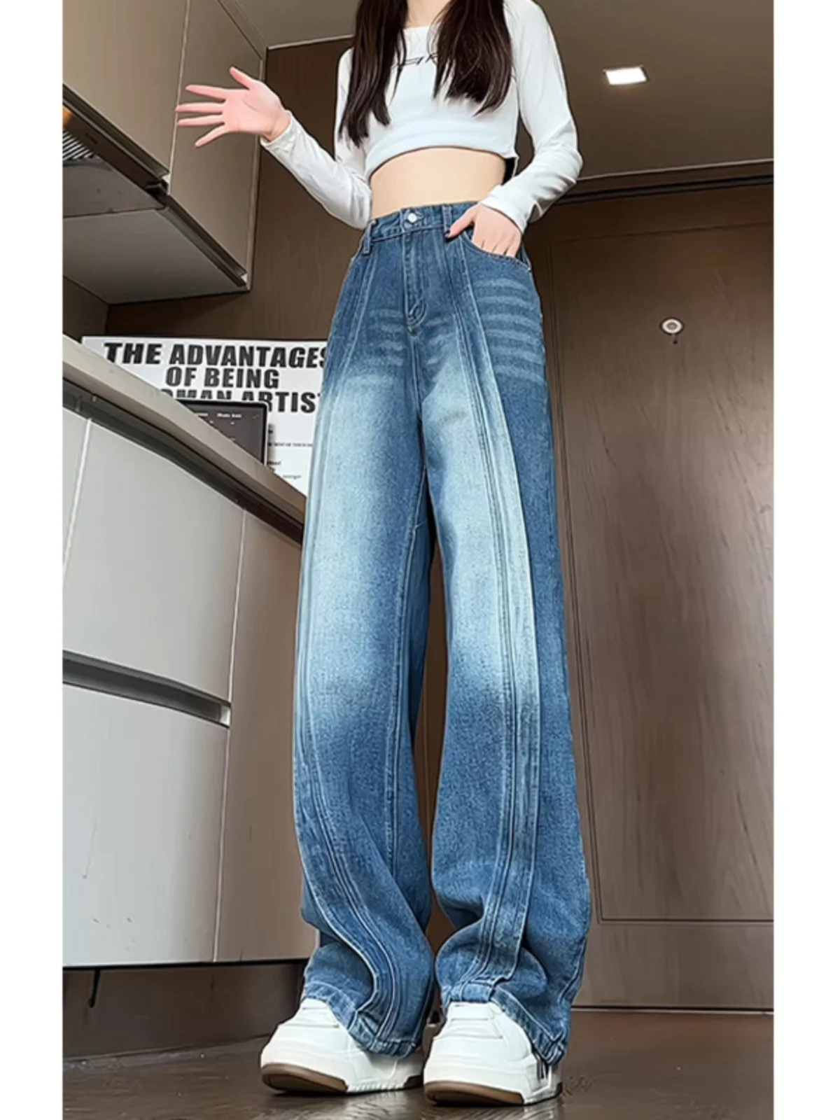 

Светло-голубые мужские джинсы прямого кроя в стиле деконструкции, рабочие брюки в американском уличном стиле, осень-зима