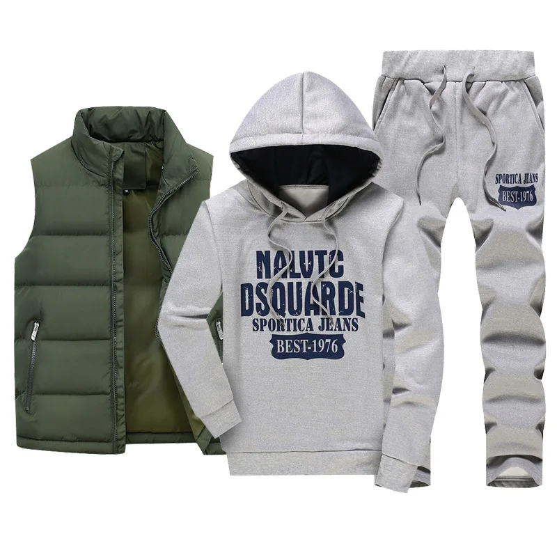 Lässiges Trainingsanzug-Set für Herren, 3-teilig, warme Weste, Jogginghose, Kapuzenpullover, mit Buchstaben bedruckt, Jogger, Trainingsanzüge, Übergröße, 5XL