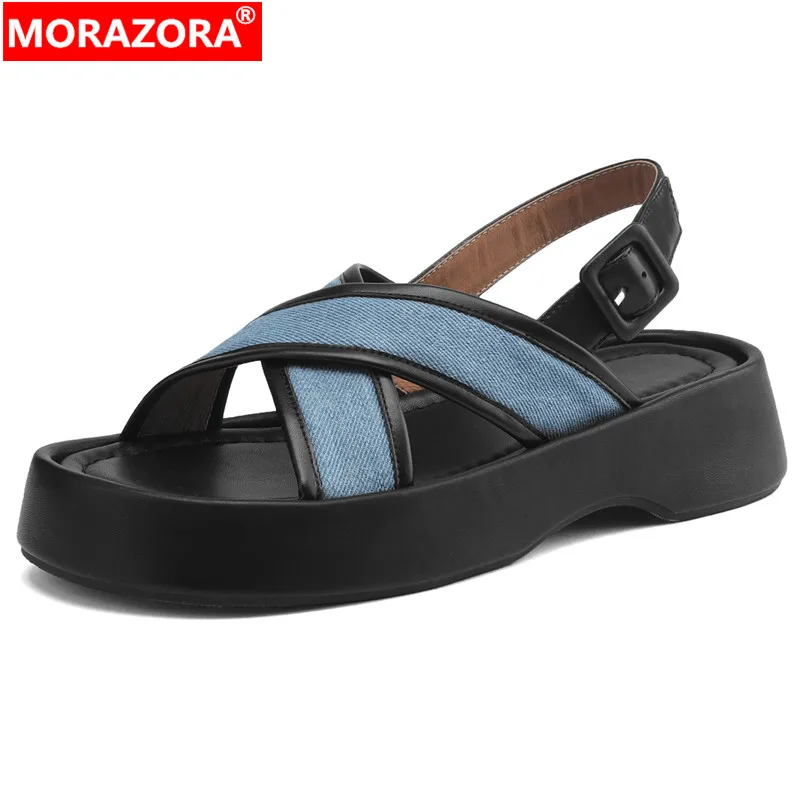 

MORAZORA 2024 New Genuine Leather Slingbacks Sandals Mixed Colors Ladies Buckle Casual Shoes Square Med Heels Women's Sandals