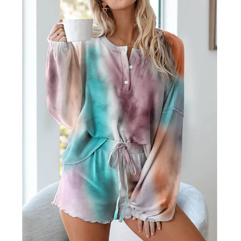 

Casual Contrast Color Print 2 Piece Set Fashion Home O-neck Button Long Sleeved Pullover Top Elastic Waist Lace Up Shorts Set