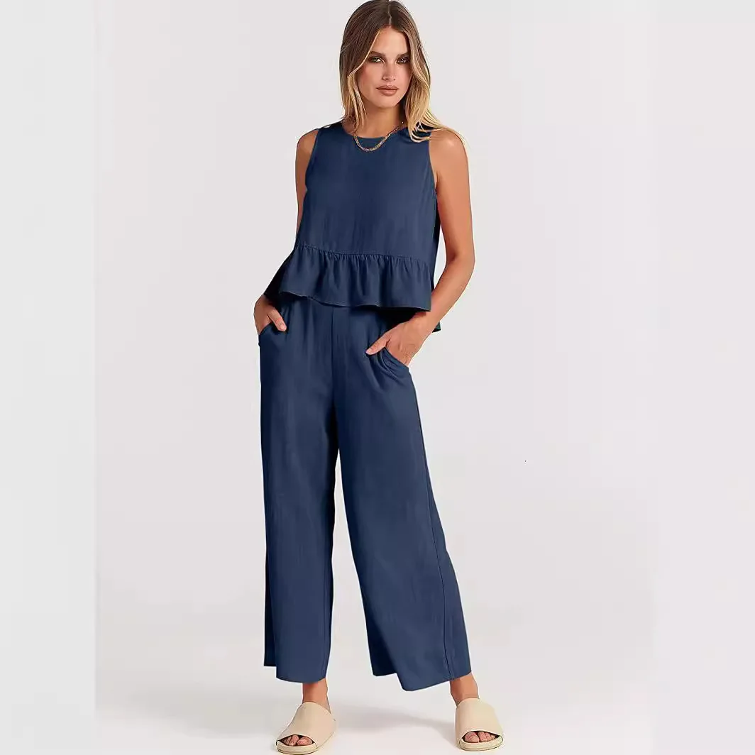 Women\'s S-3XL plus size Summer women\'s pleated sleeveless vest with wide leg straight leg cropped pants casual set